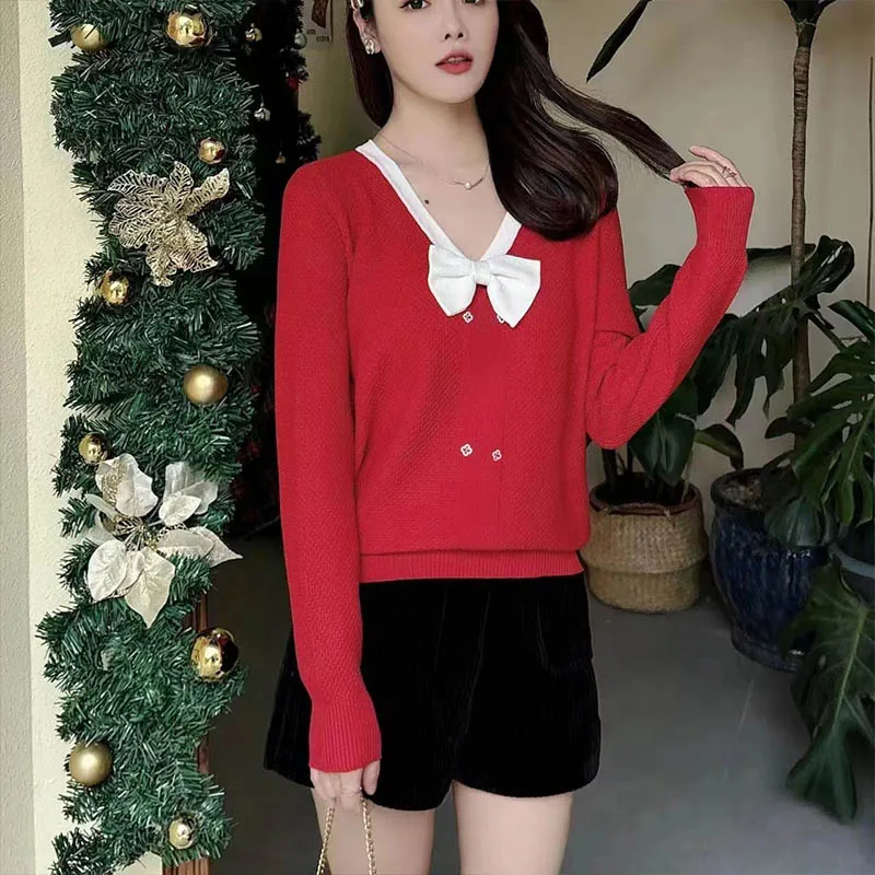 Women\'s Clothing Fashion V-neck Bow Knit Pullovers Spring Autumn Elegant Loose Long Sleeve Sweaters Office Lady Chic Button Tops