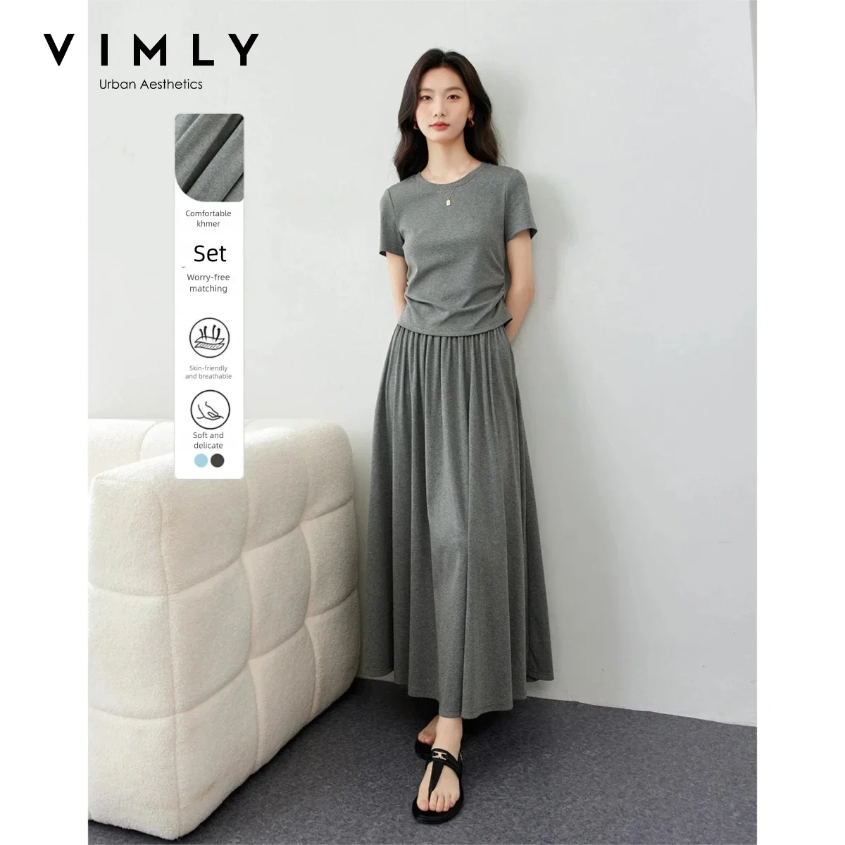 VIMLY Women Two Piece Set Summer Casual Cotton Short Sleeve T-shirt Elastic Waist Long Skirt 2026 Fashion Matching Outfit M7669