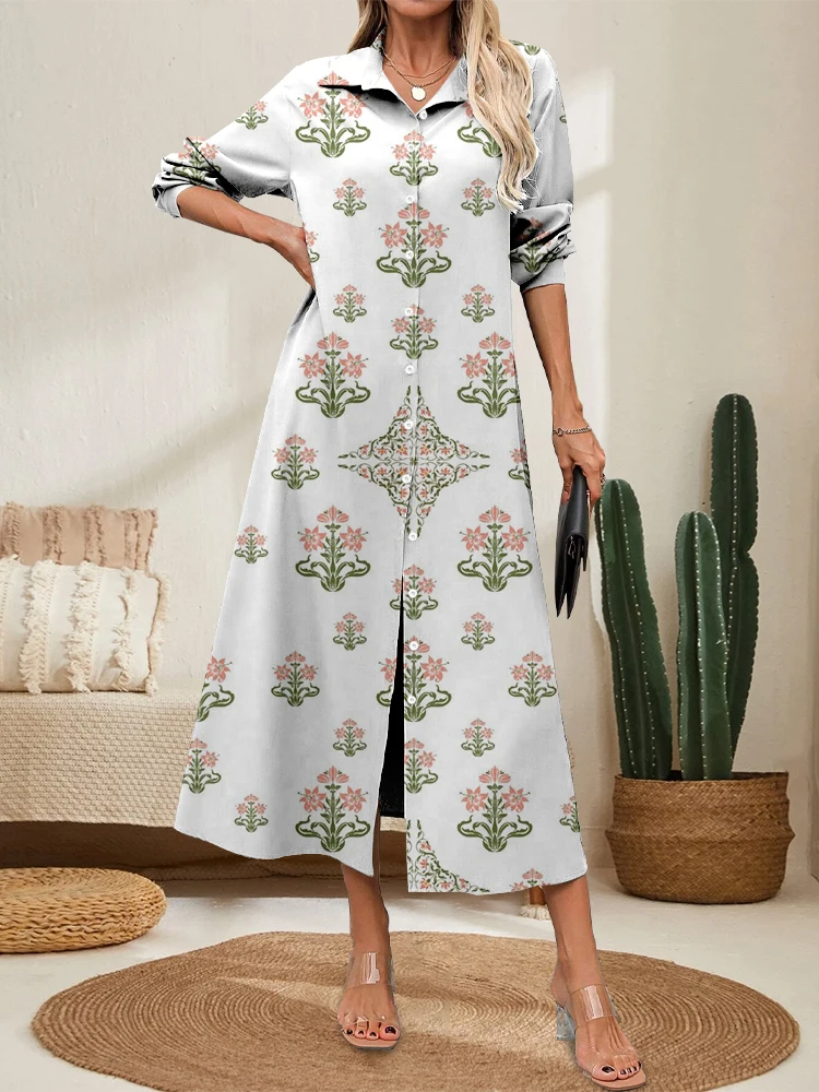 Simples flores frescas elegante impressão outono lapela camisa vestido feriado casual solto joelho comprimento vestido jantar alto luxo vestido