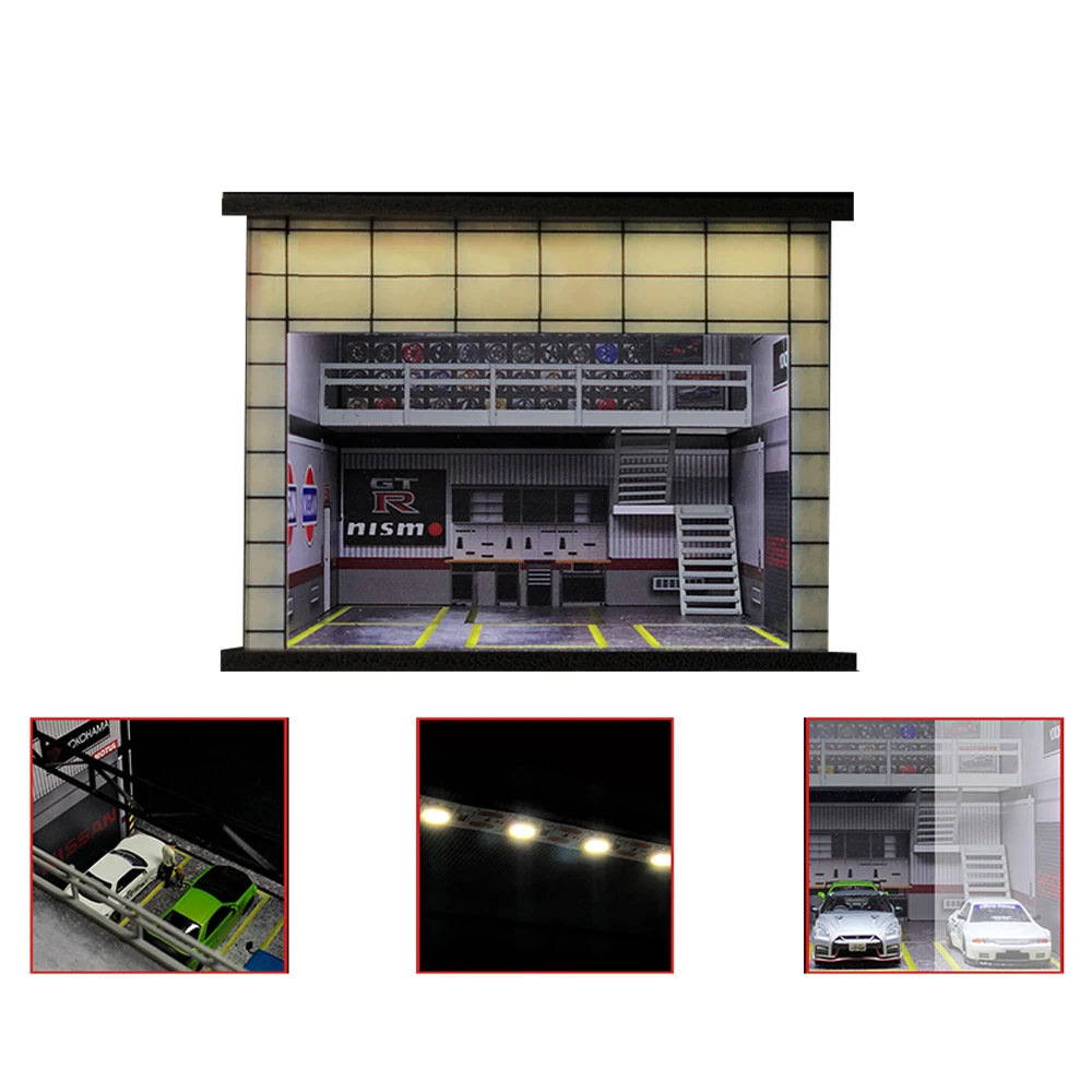 G Fans 1:64 Scale Car Garage Diorama Model With LED Lights Scene Repair House Simulation Parking Lot Car Model Sets With City