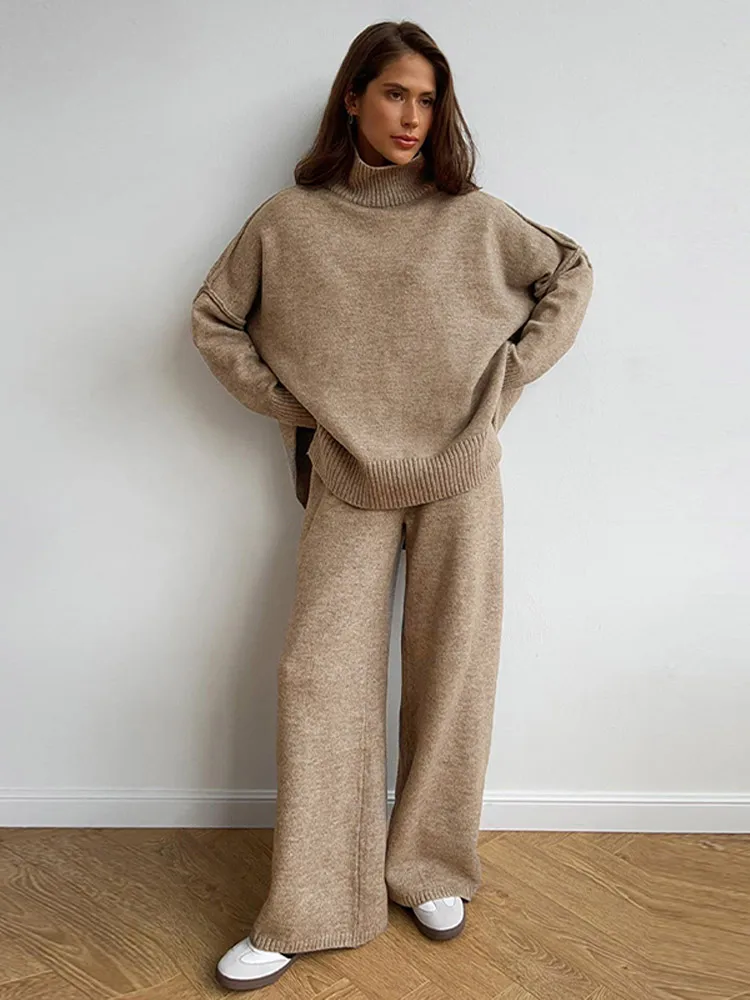 

Elegant Women Solid Turtleneck Knitted Sweater Pants Suits Fashion Loose Split Pullover Wide Leg Pants Suit Autumn Lady Outfits