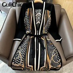 2.27 GuliChic Temperament Fashion Women Pure Silk Positioning Print V-Neck With Belt Thin Wool Knit Long Cardigan