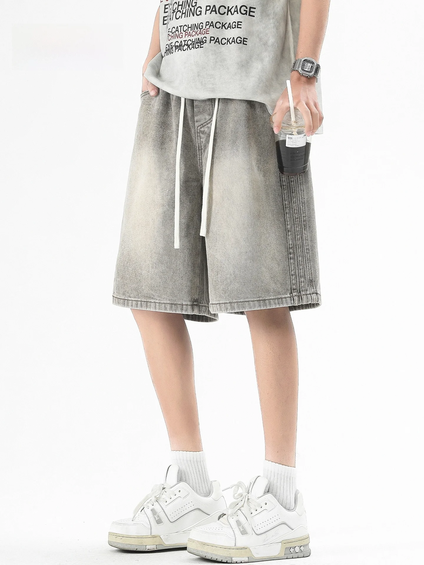 

Мужские летние тонкие джинсовые брюки с пятью точками в стиле ретро, свободные повседневные брюки прямого кроя со средней талией для подростков