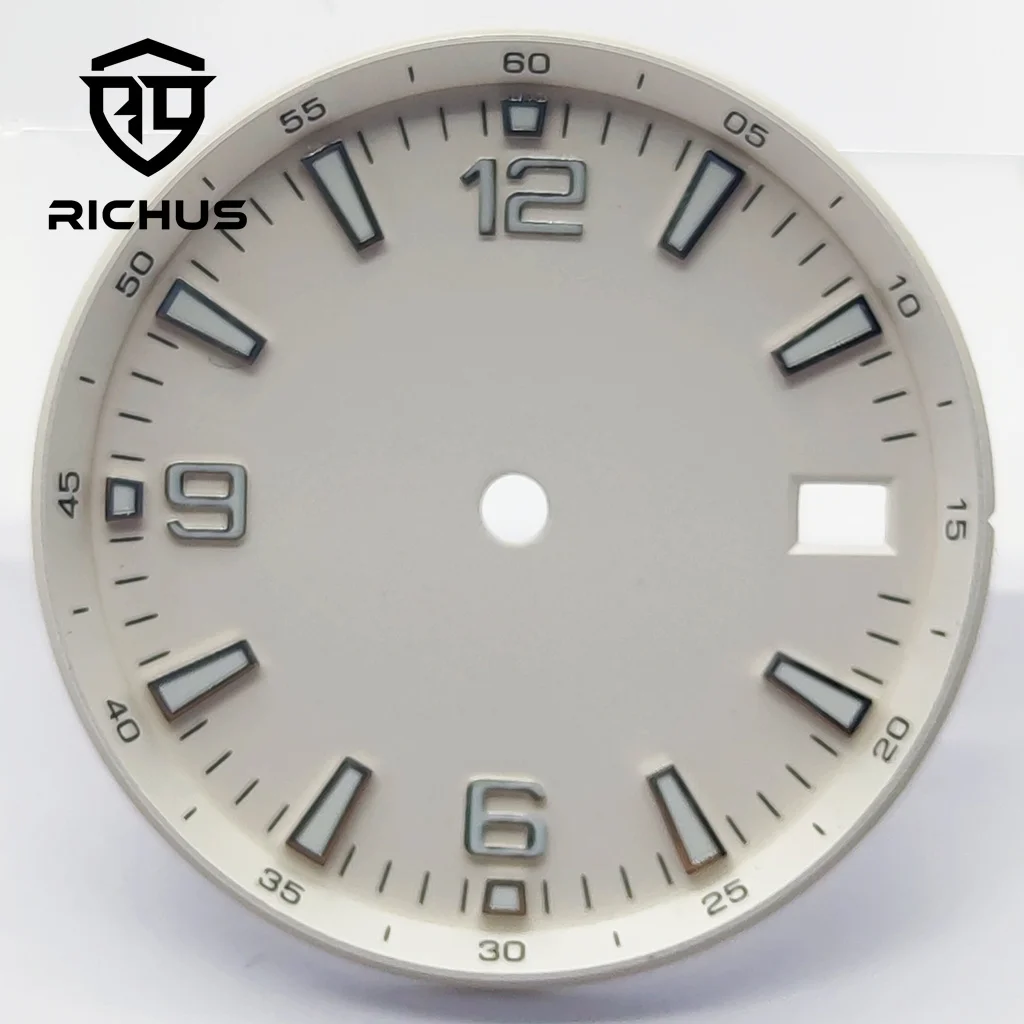 ساعة RICHUS 31 ملم بيضاء معقمة بمينا أخضر مضيء مناسب لحركة NH34 NH35 NH36