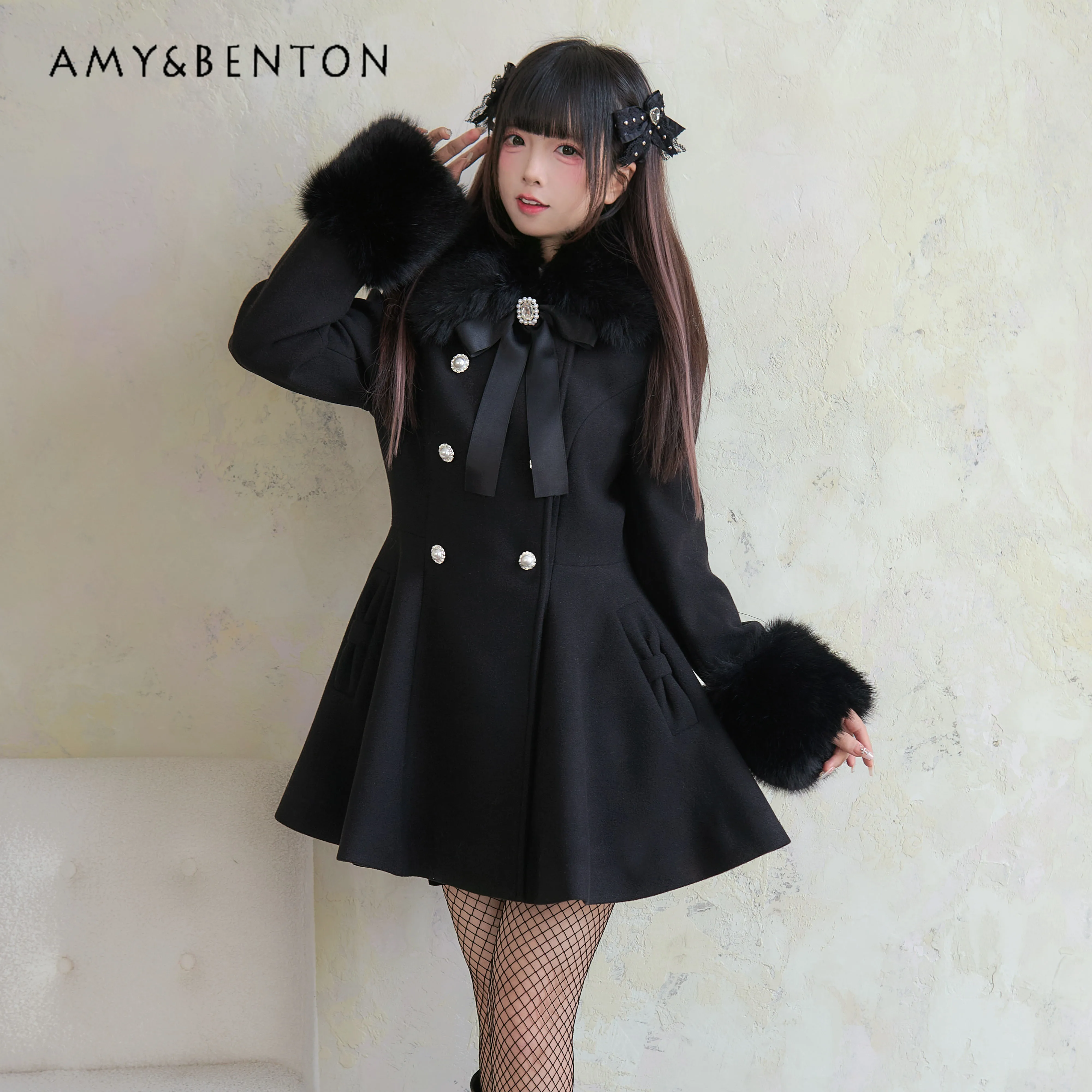 Lolita Mine Mass-produced Wool Coat Autumn Winter Japanese Sweet Girl Plush Lapel Double-breasted Slim Mid-length Woolen Coat