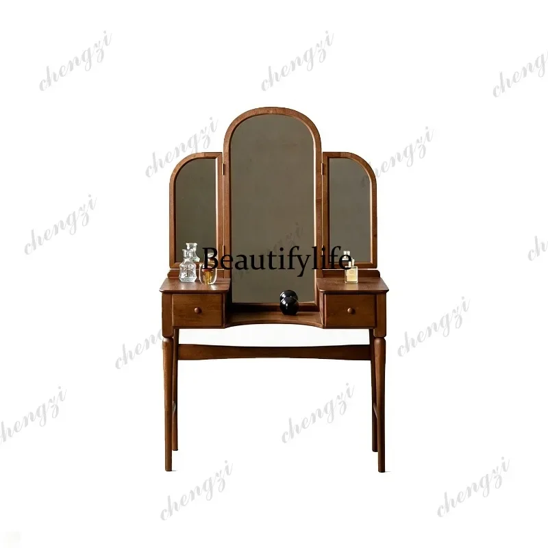 D80 medieval solid wood dresser retro three-fold arched mirror makeup table bedroom storage dressing table