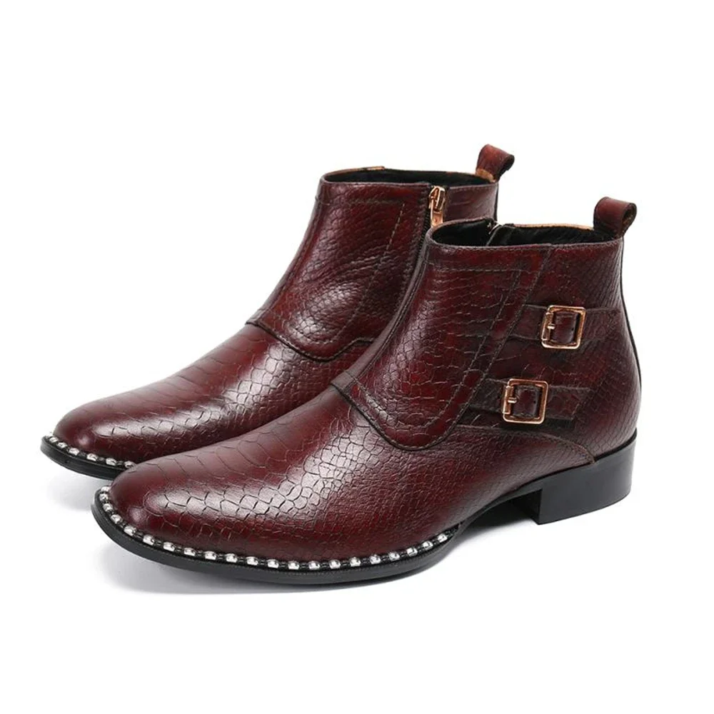 

Zipper Buckles Bordered Genuine Leather High Heels Pointed Toe Boots Male Plus Size Wedding Party British Style Dress Shoes