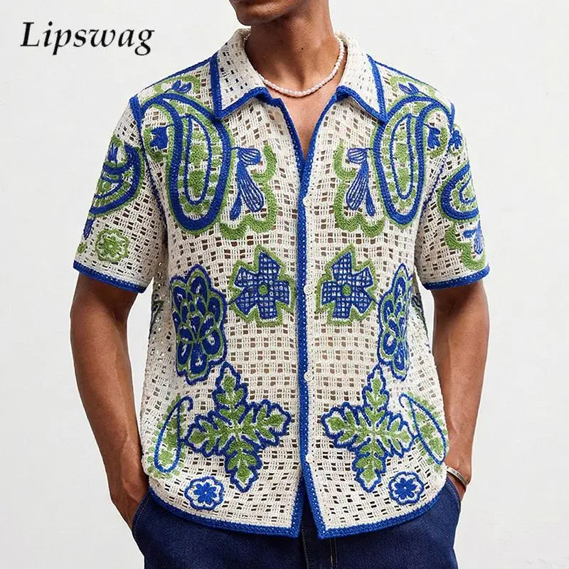 

Vintage Embroidery Knitted Shirts Men Vacation Summer Casual Hollow Out Knit Cardigan Top Luxury Mens Crochet Short Sleeve Shirt