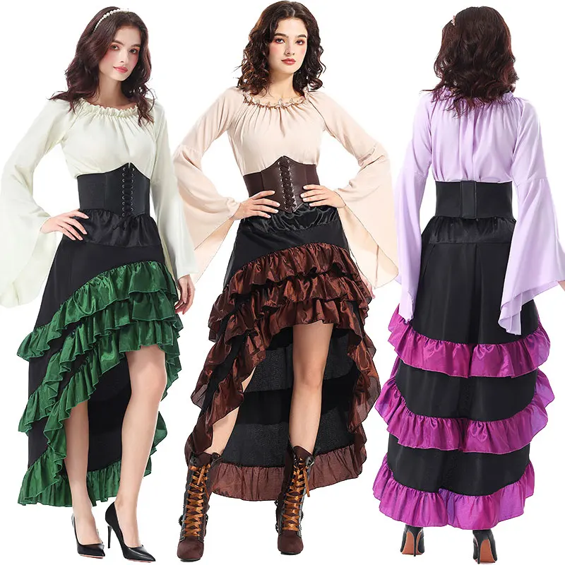 

Halloween Asymmetrical Lotus Pleated Dress with Short Chest and Long Back Medieval Pirate Plastic Skirt Cosplay Party Costume