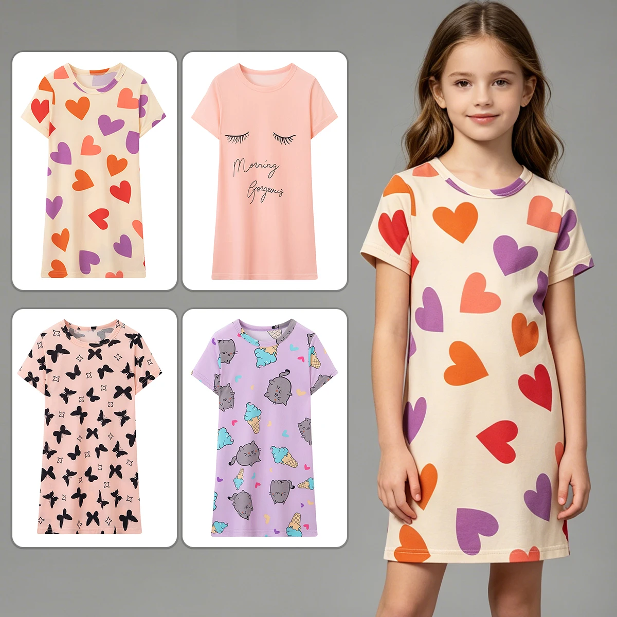 Sweet and Cute Short Sleeved Dress for Girls in Summer, Comfortable Round Neck Children's Printed Loose Nightgown, Home Skirt