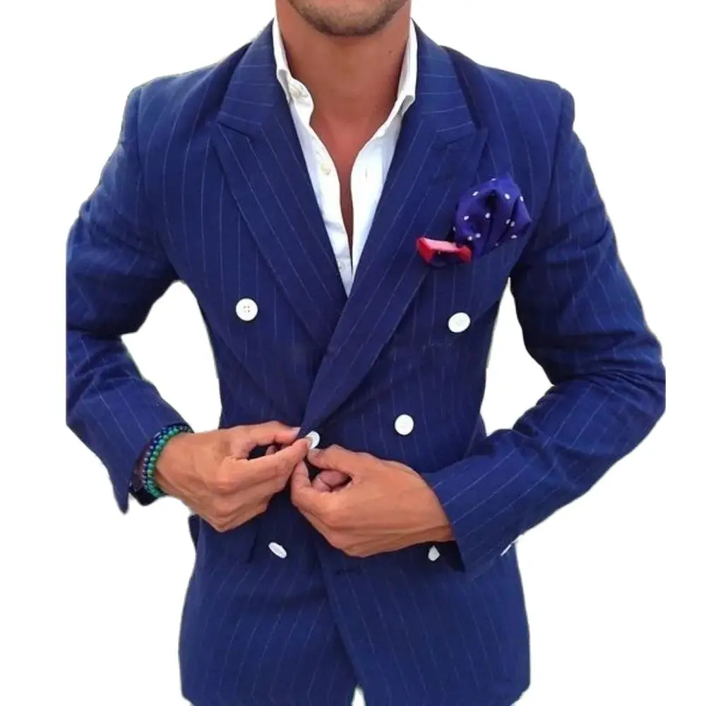 Exquisite Double-Breasted Blue Strips Mens Blazer Slim Fit Peak Lapel Jacket Custom Made One Pieces Gentleman Formal Coat