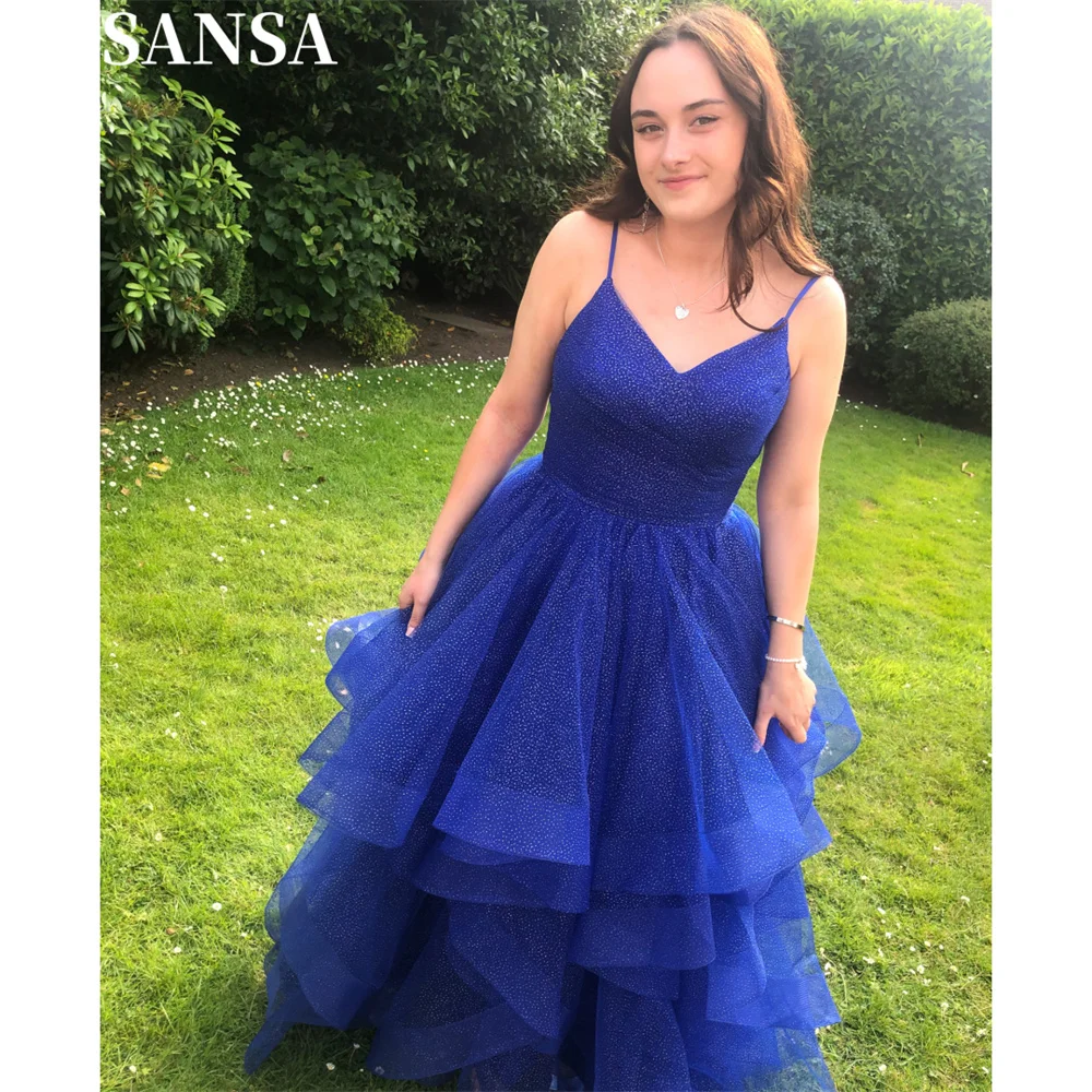 Sansa Exquisite Multilayer Glitter Lace Evening Dress Floor-Length Strapless Wedding Dresses Spaghetti Strap vestidos de fiesta