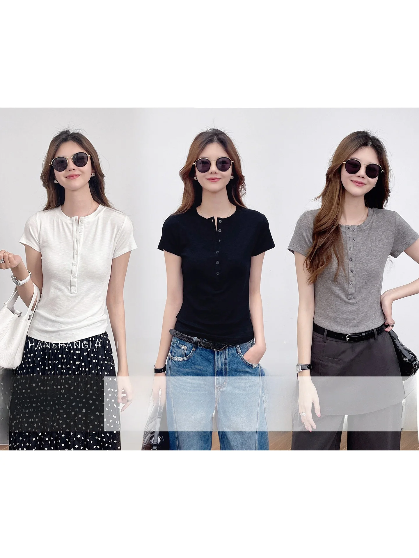 

Женская летняя футболка Slim Fit с коротким рукавом, воротником Хенли на пуговицах и круглым вырезом, в корейском минималистичном стиле, для ношения под одеждой.