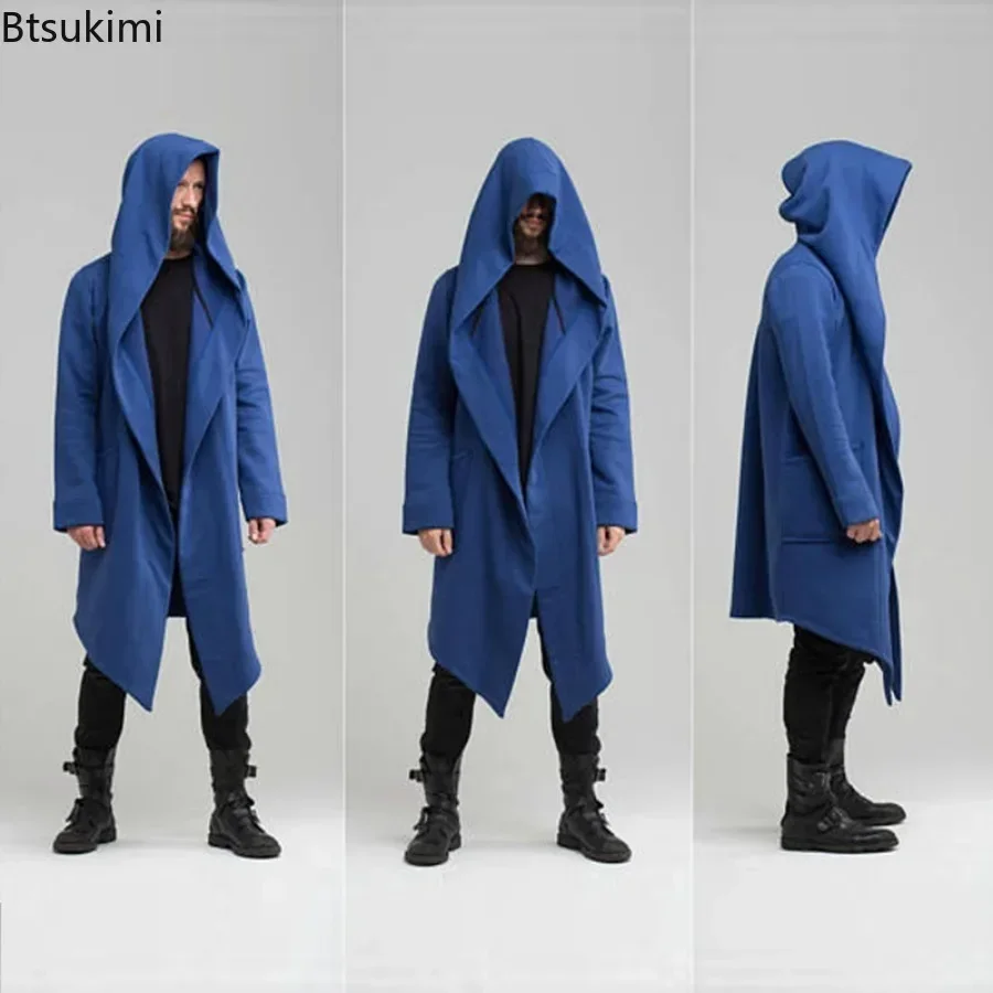 New 2024 Men' Casual Hoodie Coat Jacket Solid Cardigan Cloak Coat Open Front Warm Long Outwear Male Trench Coats Men Clothing