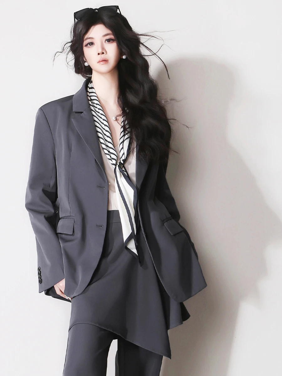 

Deep ey Straight Leg Suit Jaet Women's Casual Commute Adjustable Waist Suit Set Faionable Ele Busin Casual