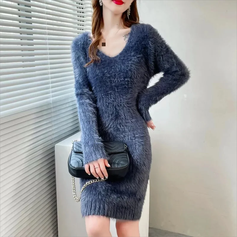 Imitation Mink women\'s Knit Dress Autumn Winter Elasticity Slim Bottoming Sweater Long Sleeve V Neck Office Lady Elegant Dress