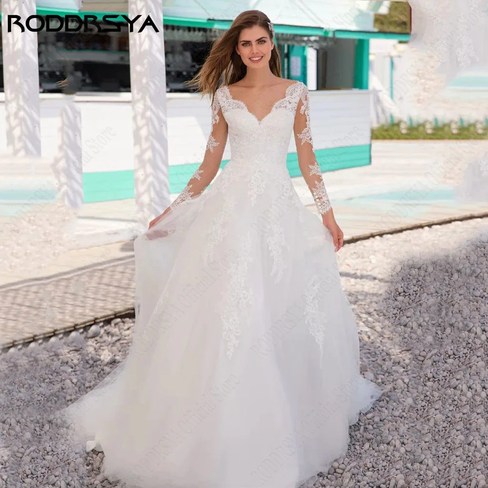 RODDRSY Elegant Wedding Dress With Long Sleeves V-Neck Backless Bride Party Gowns Lace A-Line Applique Civil vestido de noiva