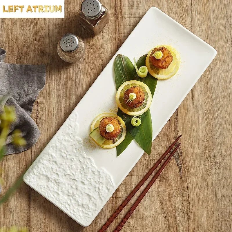 Assiette longue à motif demi-pierre en céramique, assiette à sushi, assiette à dessert et à collation, assiettes à dim sum, vaisselle au design artistique