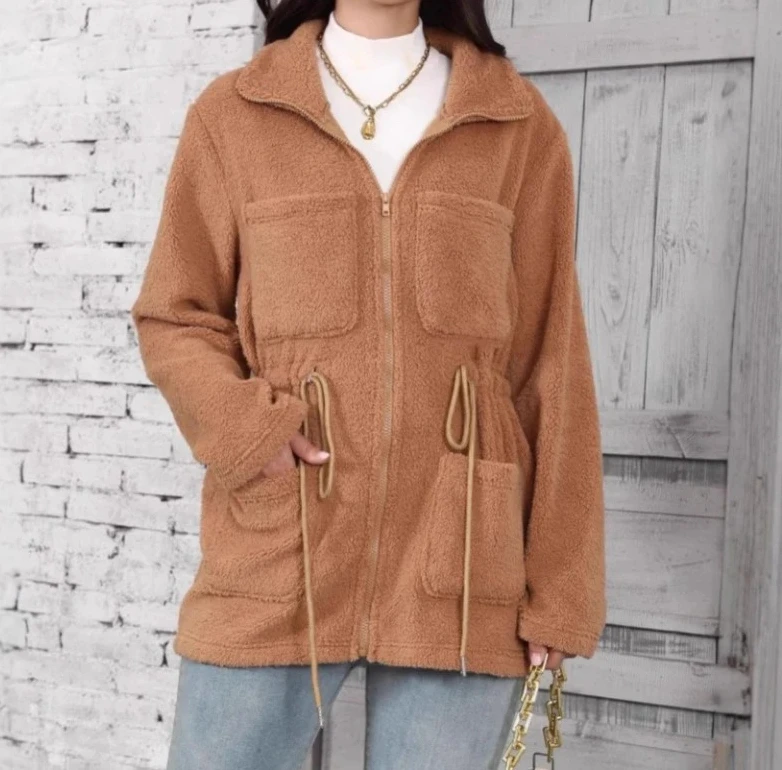 

Mid Khaki Faux Fur Jackets Zip-up Slim Lapel Furry Jackets Fluffy Luxury Stylish Pocket
