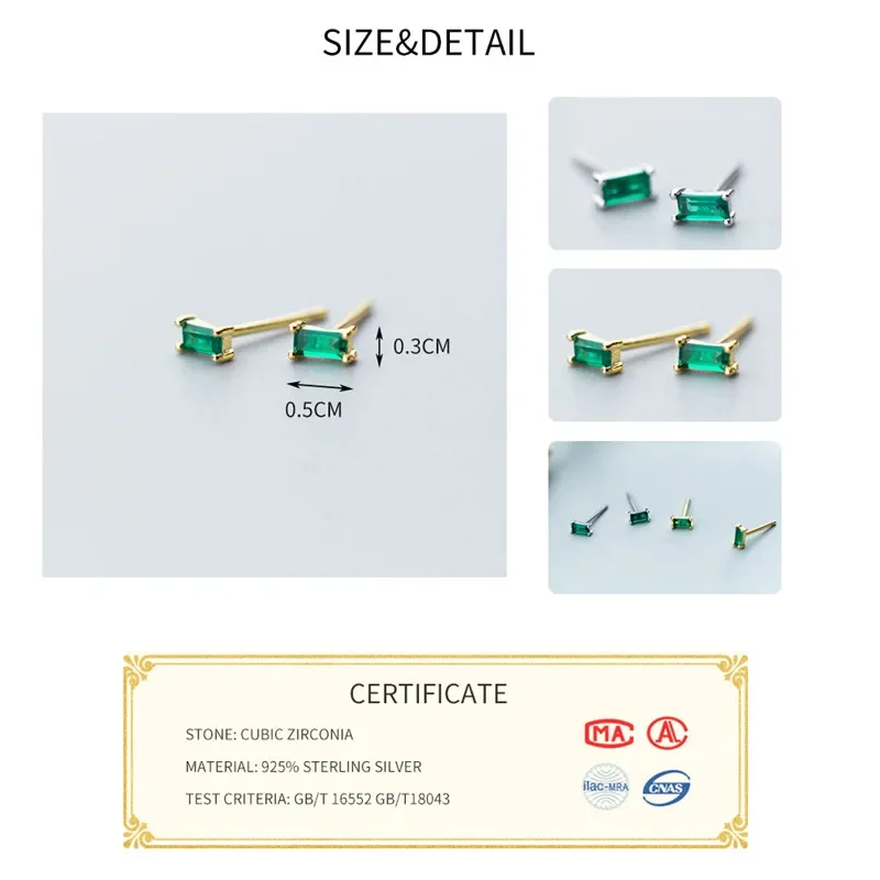 SOFTPIG Real 925 Sterling Silver Emerald zircone rettangolo orecchini a bottone per le donne Classic Fine Jewelry accessori minimalisti