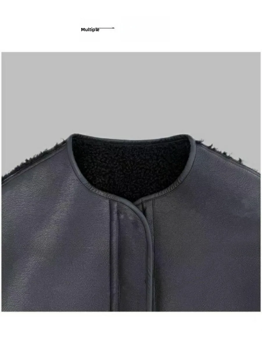 เสื้อแจ็คเก็ตมอเตอร์ไซค์แบบสองด้านสำหรับผู้หญิง แฟชั่นเสื้อคลุมคาร์ดิแกนสำหรับฤดูหนาว ทรงเอ แขนยาว ดีไซน์กระดุมกลม