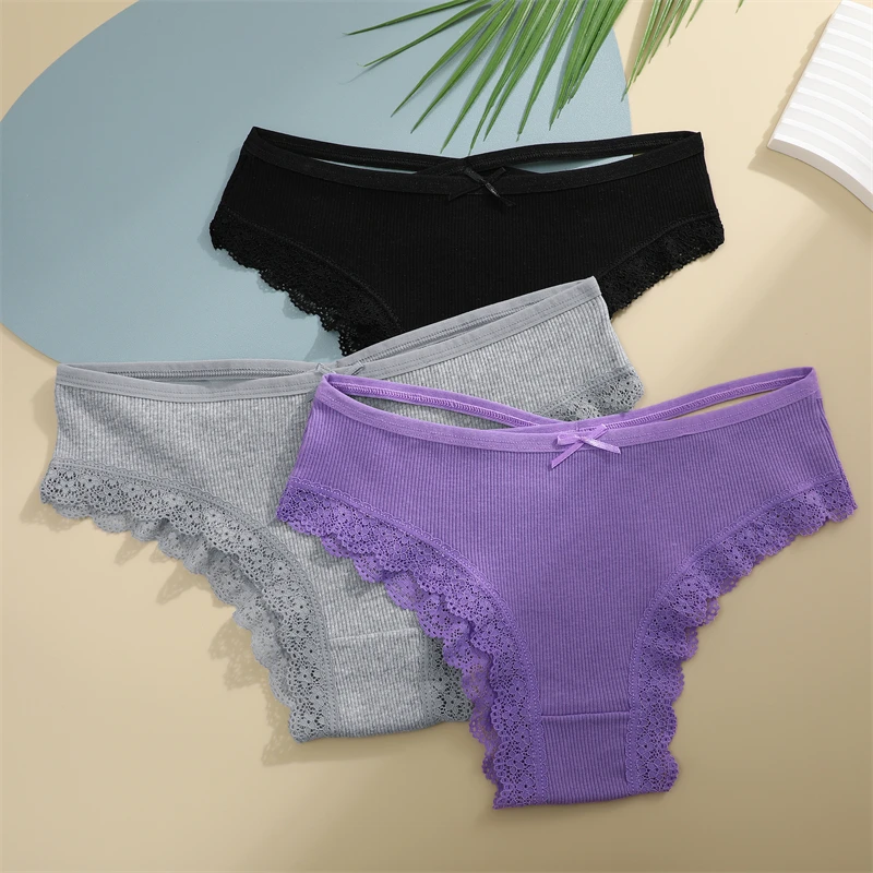 2PCS Cotton Panties for Women Sexy Lace Brazilian Briefs Female Low-Waist Cross Webbing Underpants Stretch Breathable Intimates