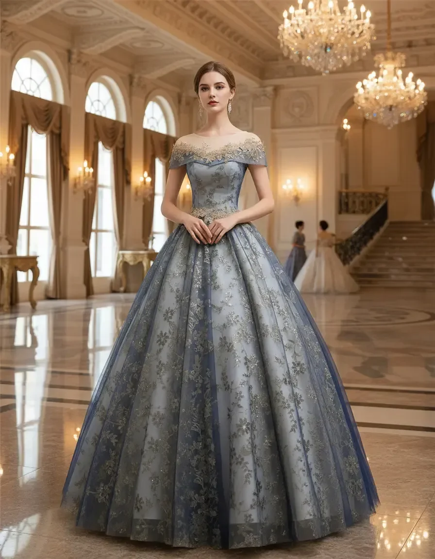 Elegant Blue Off Shoulder Mesh Neck Floral Lace Quinceanera Princess Ball Gown Evening Wedding Prom Dress Free Petticoat