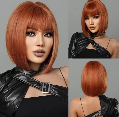 Wig sintetis merah anggur pendek wig lurus dengan poni untuk wanita pesta Cosplay Afro serat tahan panas harian alami