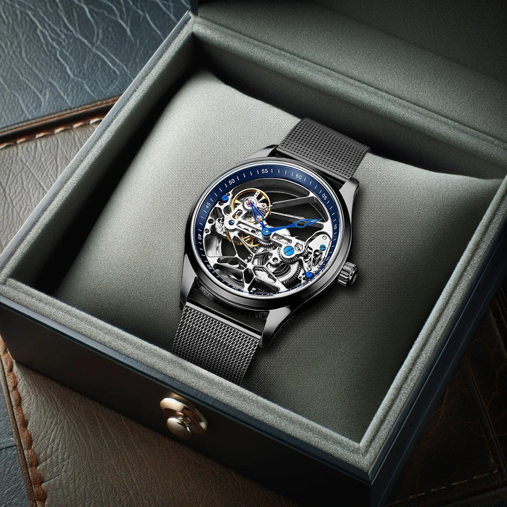 

Часы мужские механические двусторонние с сетчатым ремешком и прорезями