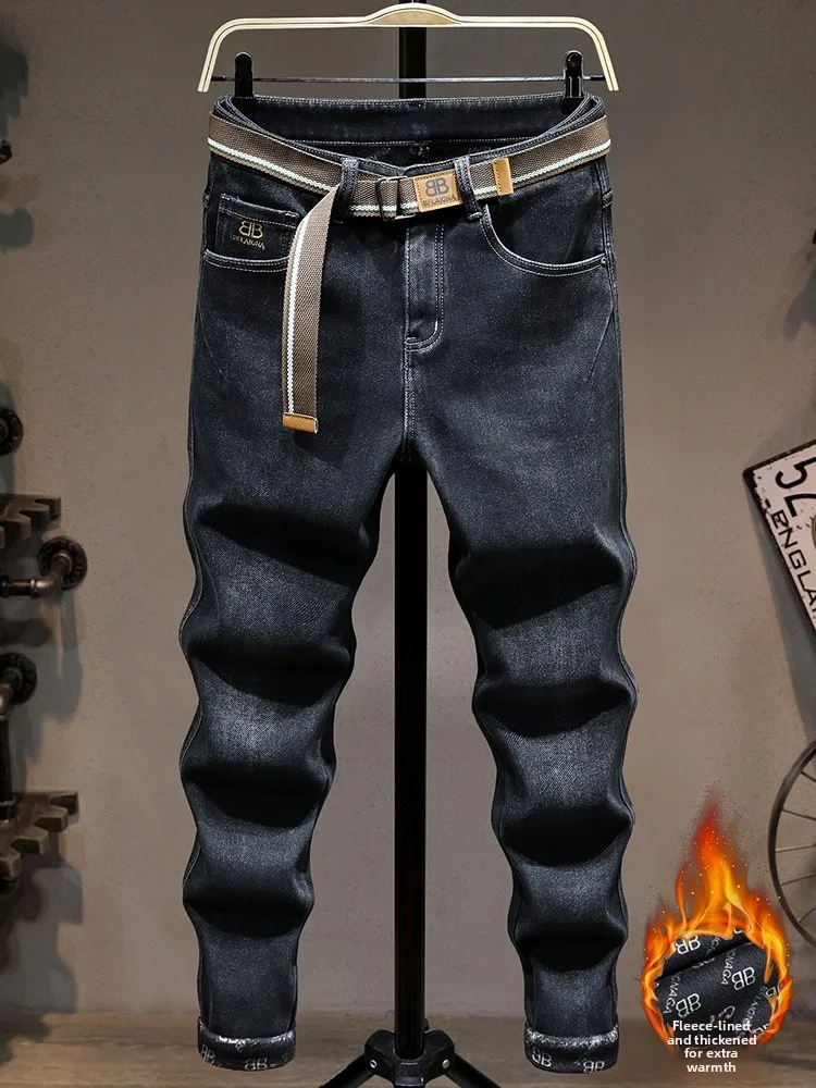 

Зимние утепленные джинсы прямого кроя на флисовой подкладке, мужские облегающие эластичные корейские модные теплые повседневные длинные брюки