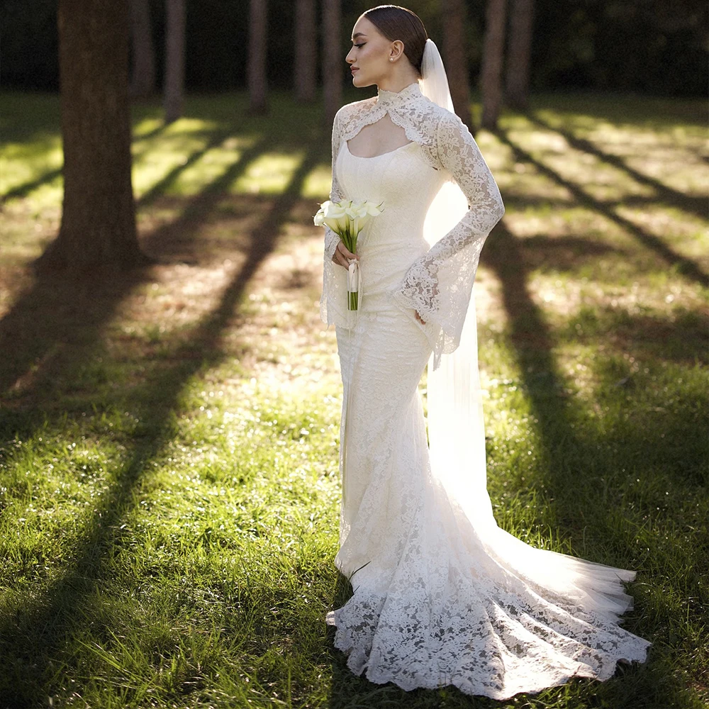 

Lace Wedding Dresses High Neck Long Flare Sleeves Mermaid Bride Dress Grand Beach Bridal Gown Customized vestidos de novia
