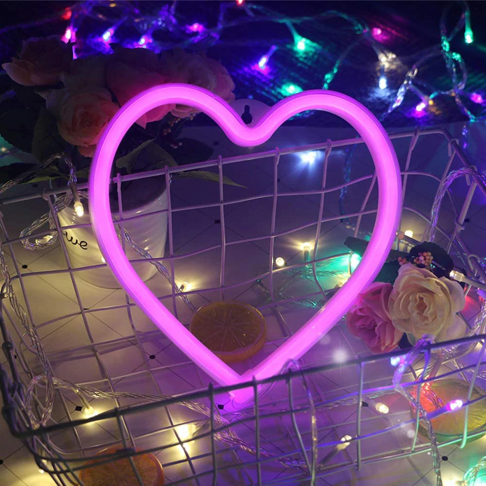 1PC Neon Heart Lights Pink Heart Neon Sign Heart Led Light Led Heart Lamp Heart Decorations For Home Hanging Heart Gifts Decor