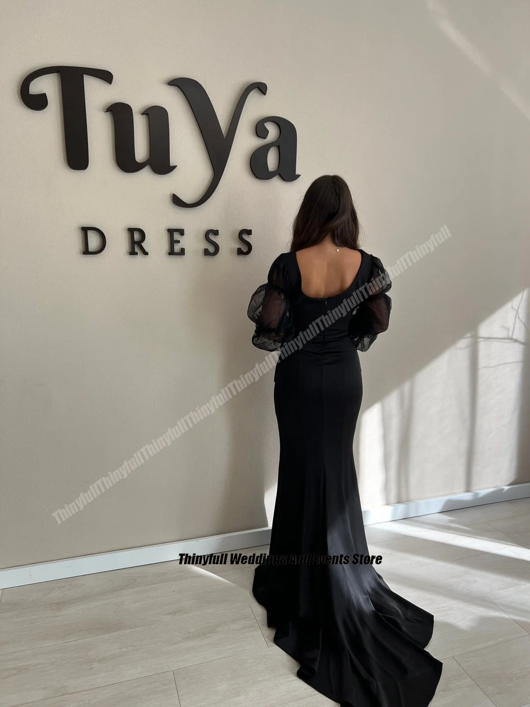 Thinyfull Mermaid Satin Black Prom Dresses Square Collar Puffy Sleeves Evening Party Gowns Floor Length Formal Occasion Dress