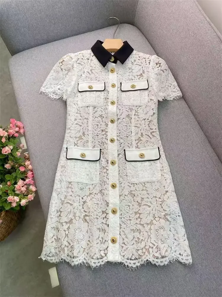 Women's Lace Lapel Dress Short Sleeve Single Breasted Pocket Decorated Mini Dress