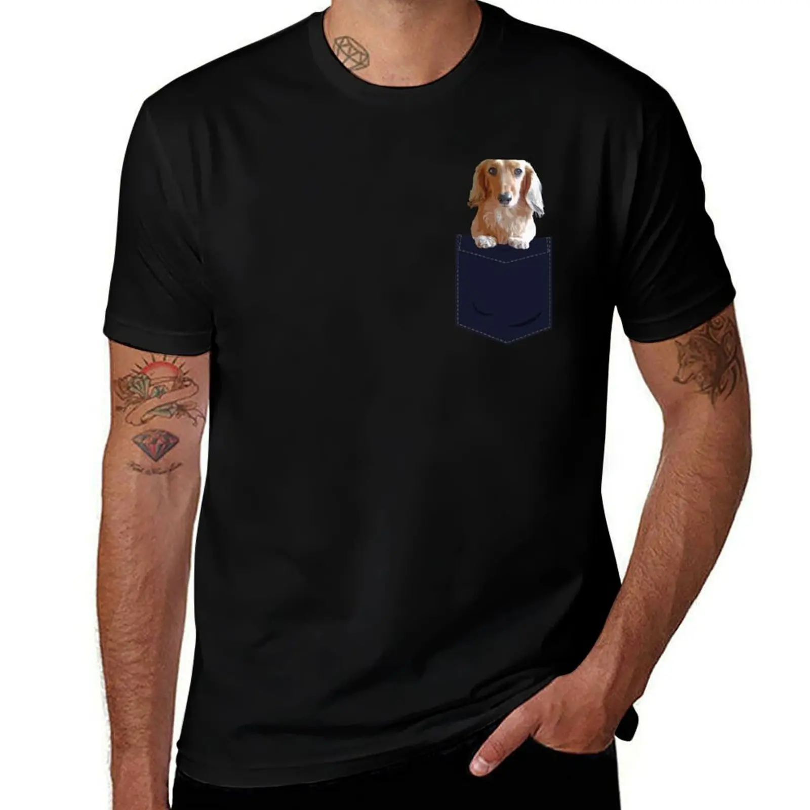 Long Hair Dachshund in Pocket T-Shirt t shirt man designer T-Shirt