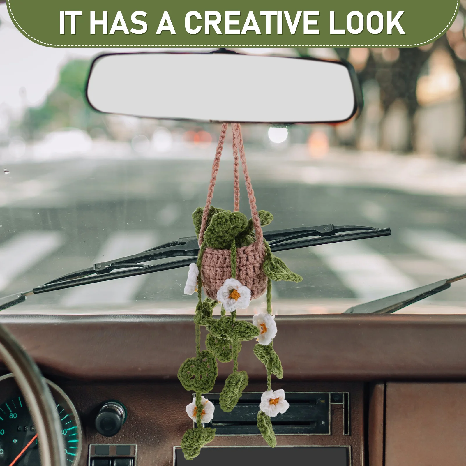 

New Car Decorative Hanging Ornament Crochet Plant for Rearview Mirror Knitted Fabric Car Accessories Polyester Material