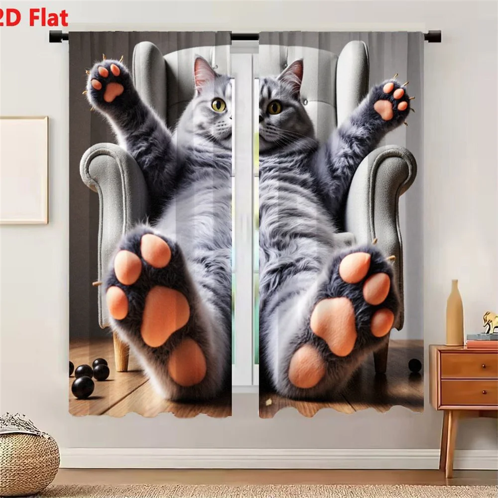 2Pcs Curtains 2D Flat Large Fluffy Gray Cat With Light Orange Paw Pads Relaxed In Light Gray Tufted Armchair With Wooden Legs Sc