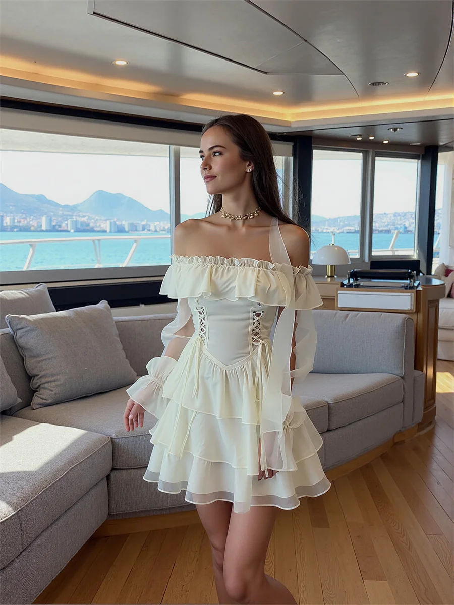 Vestidos Midi com Decote Slash e Mangas Longas para Mulheres, Roupas de Primavera, Vestido de Noiva com Mangas em Camadas, Elegante e Divertido para Férias