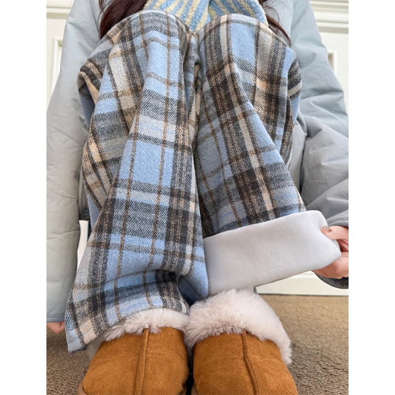 Harajuku Fleece Plaid Wide Leg Pants Women Fashion Streetwear Baggy Pants Winter Korean Thick High Waist Straight Trousers New