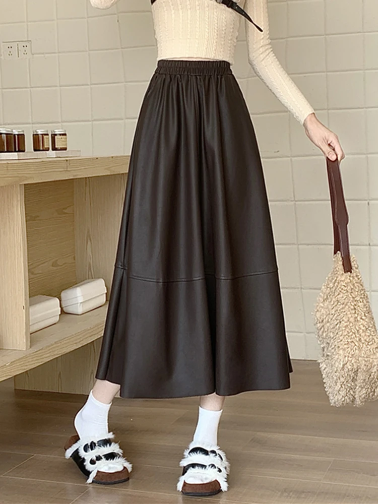 

Черная кожаная юбка А-силуэта с высокой талией для женщин, в стиле ретро, весна-осень, новинка, длинная юбка