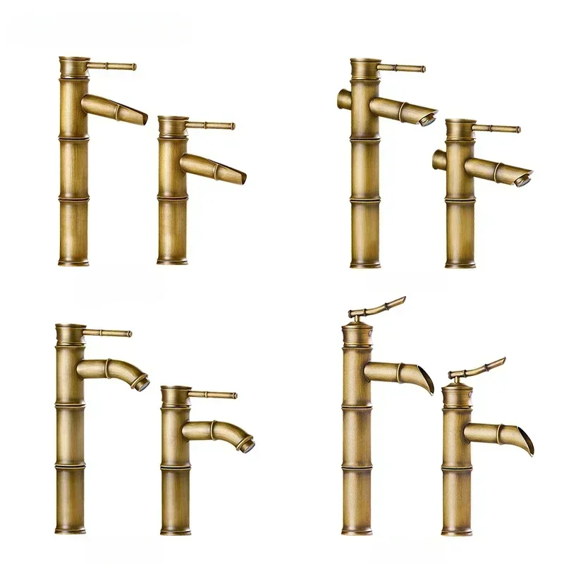 

Европейский стиль, антикварный медный смеситель для столешницы, бамбуковый смеситель для раковины, смеситель для раковины с холодной и горячей водой для ванной комнаты