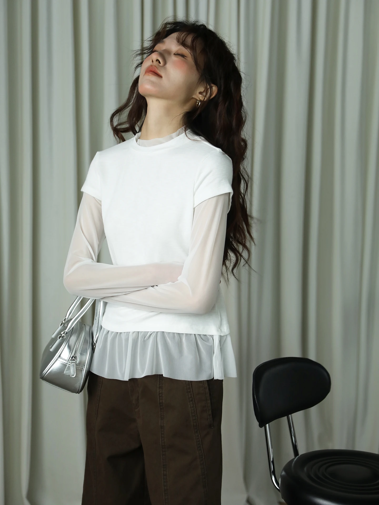 

Early Spring White Me Splice Long Sve T-irt Women's Slim Fit Base irt Design Sense Top Women's Faion Cotton Polyes...