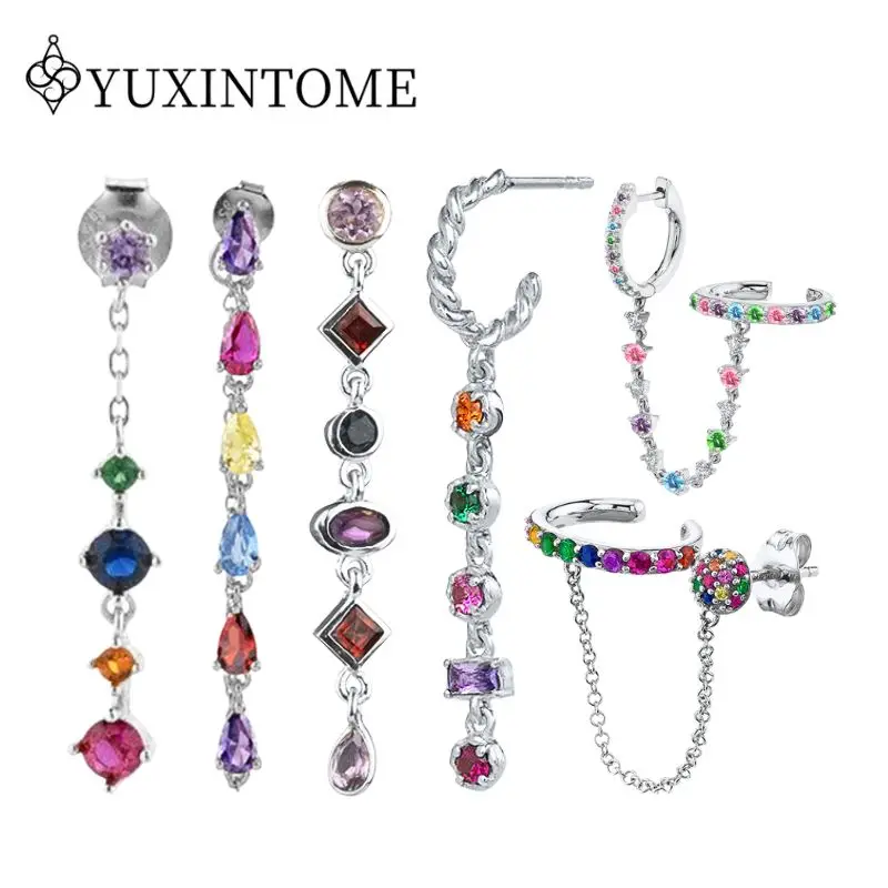 

925 Silver Needle Silver Colorful Geometric Zircon Chain Pendant Long Earring For Women Temperament High-end Fashion Jewelry