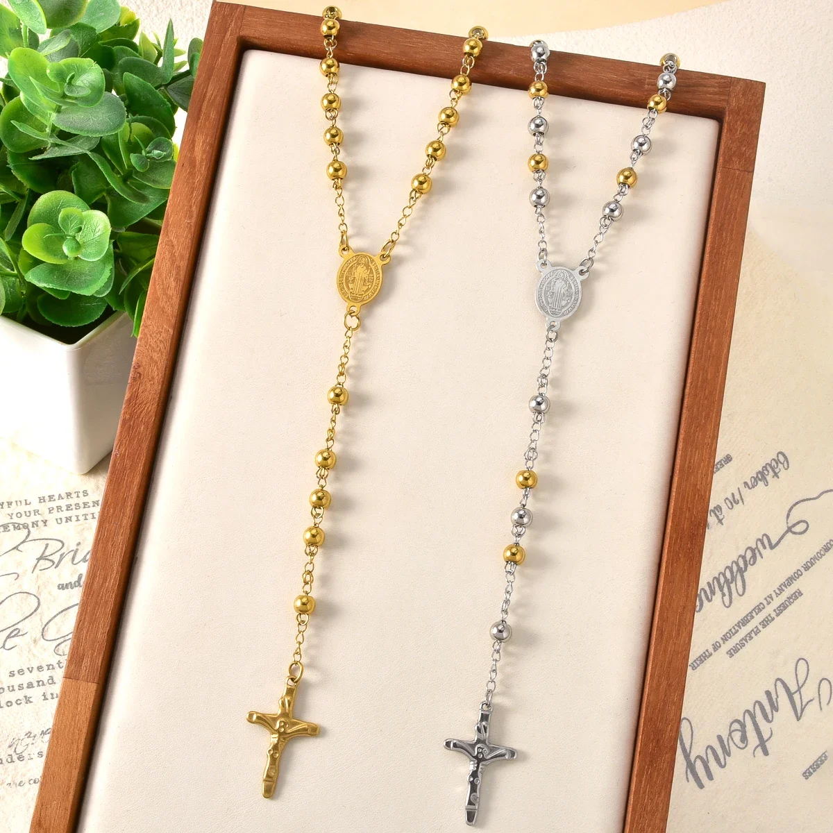 

Stainless Steel Rosary Necklace with Cross and Medals Religious Catholic Gifts for Women Men Holy Mary Prayer Beads Jewelry