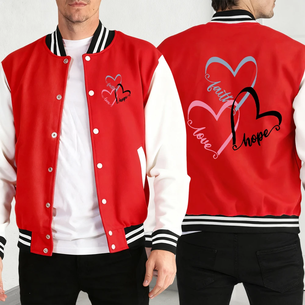 

Faith Hope Love Creative Love Print Mens Casual Jackets Retro Oversized Baseball Jersey Sport Button Menswear Street Autumn