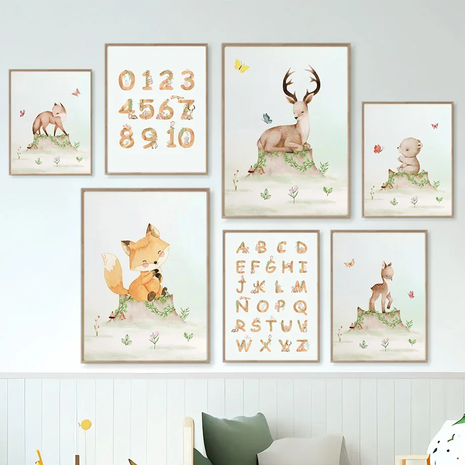 

Олень лиса медведь Алфавит цифры детская настенная Картина на холсте скандинавские плакаты и принты животные картины Детская комната Декор