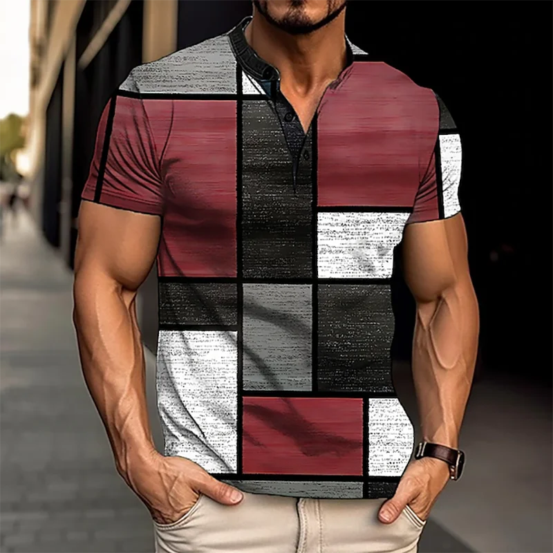 Vintage Henley Shirts Color Block 3D Print Men\'s Fashion Streetwear Button-Down Short Sleeve T Shirt Man Male Tees Tops Clothing