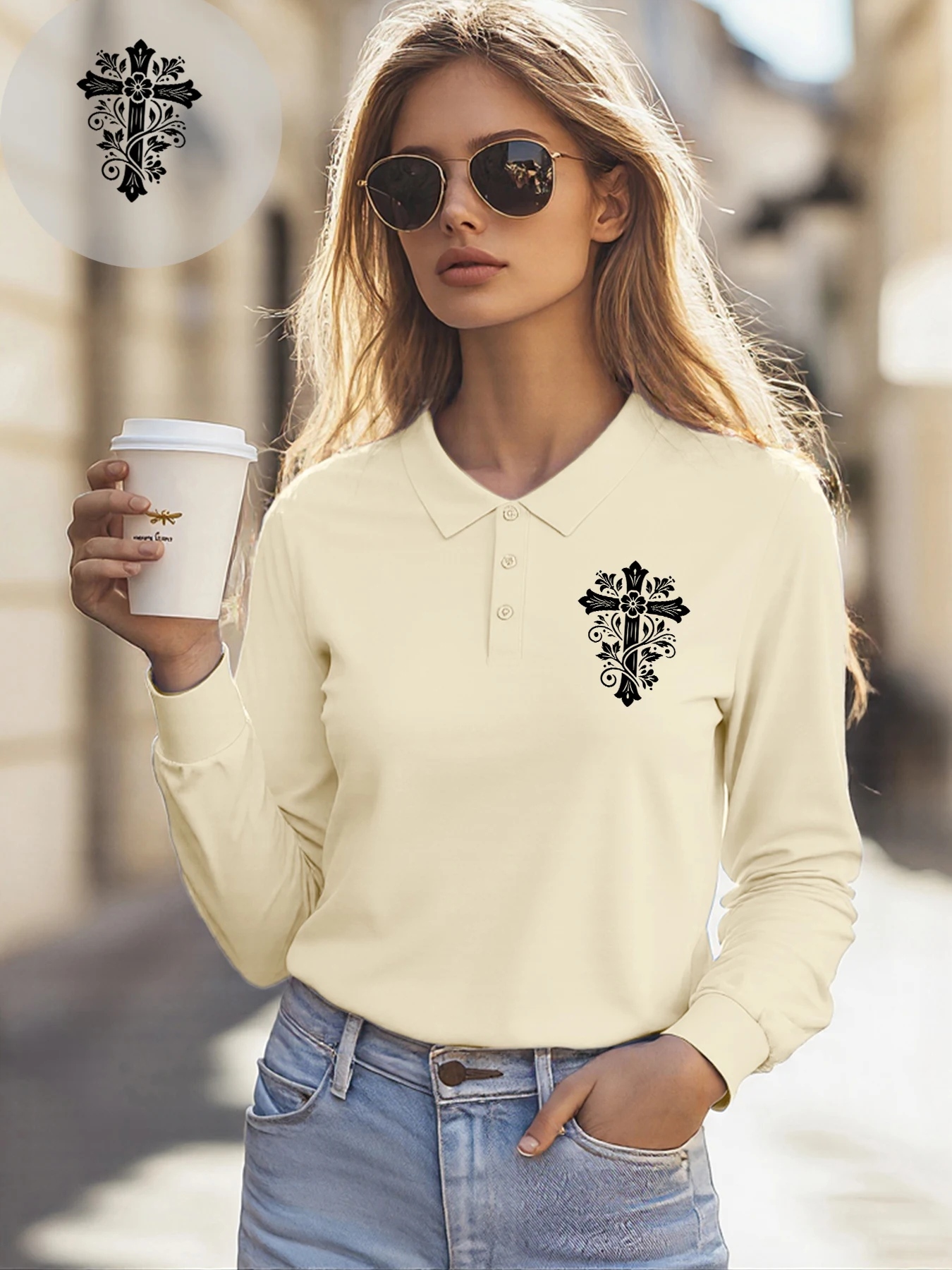 

Женская рубашка поло с крестом и цветочным узором, мягкие футболки в стиле хип-хоп, повседневные футболки с лацканами, топы Y2K, осенняя женская деловая одежда