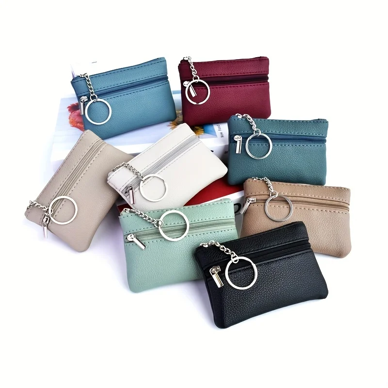 Lychee Faux Leather Mini Coin Purse Double Zipper Small Card Wallet with Key Ring,Pocket Change Pouch for Keys Women Daily Use