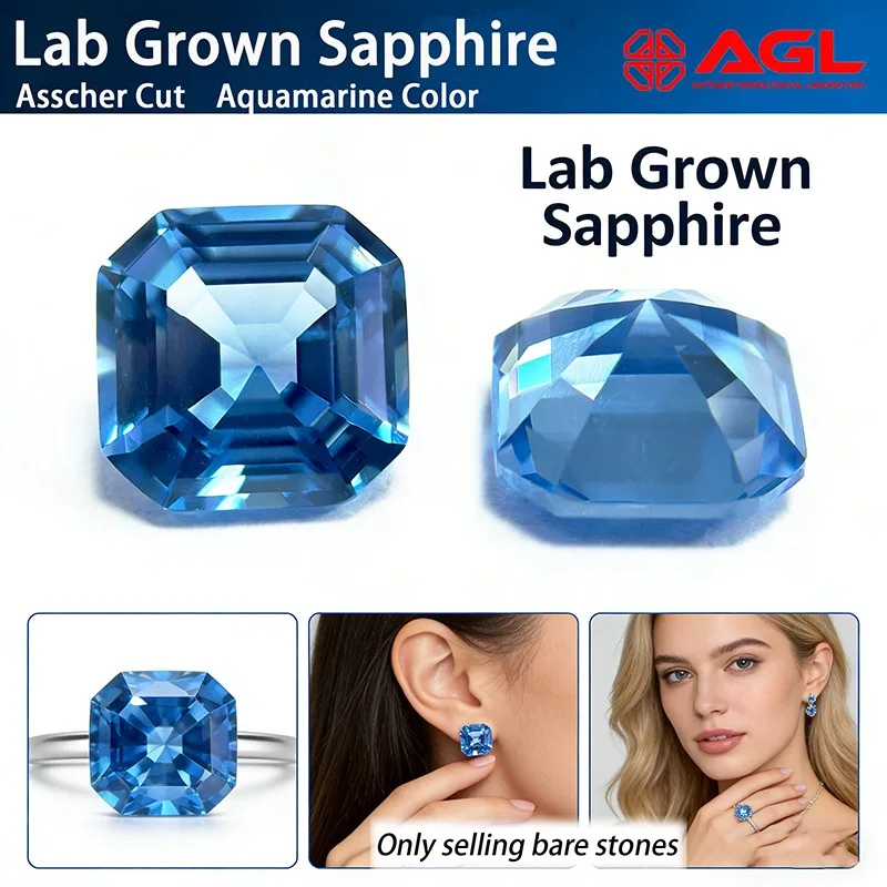 Im Labor gezüchteter Saphir in Asscher-Schliff, Aquamarinfarbe, VVS1, Charms für die Schmuckherstellung, DIY-Ring, Halskette, Ohrringe, Hauptmaterialien – Detail 5